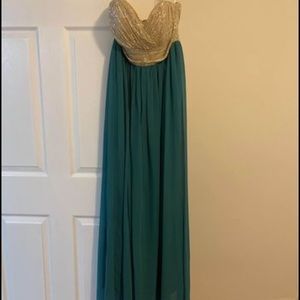 Teal and Gold sequin maxi strapless dress